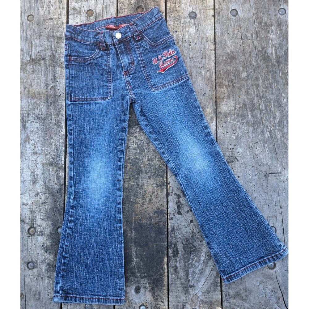 US Polo Assn Girls Y2k Denim Blue Red Logo Flare Jeans Size 6 Small 2000's